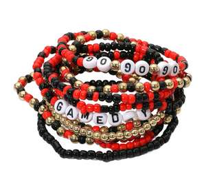 Cheer On 10 PCS Go Gameday Message Beaded Multi Layer Stretch Bracelets - Red/Black