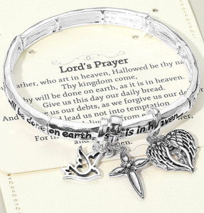 Faithful Words Lords Prayer Message Religious Dove Cross Angel Wing Charms Stretch Bracelet - Antique Silver