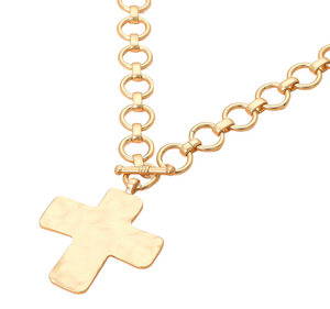 Divine Edge Hammered Matte Metal Cross Chunky Necklace - Gold