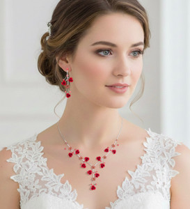 Everly Vine Rhinestone Embellished Rose Flower Cluster Necklace - Red