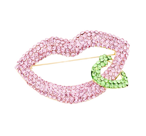 Kiss & Sparkle Rhinestone Lip Heart Brooch - Pink/Green