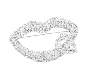 Kiss & Sparkle Rhinestone Lip Heart Brooch - Silver