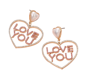 Endless Love You Stone Paved Heart Earrings - Pink