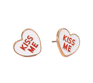 Kiss Me Enamel Heart Stud Earrings - White