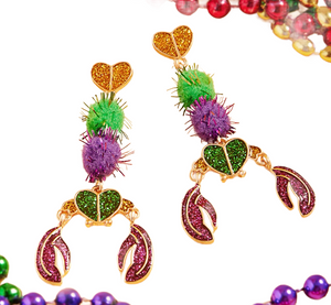 Party Time Glittered Enamel Pom Pom Mardi Gras Crawfish Earrings -Multi