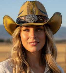 Copper Canyon Boho Metal Ornate Oval Buckle Accent Faux Leather Band Antique Wash Straw Cowboy Hat - Taupe