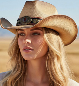 Sierra Sol Boho Oval Stone Accent Ornate Faux Leather Band Distressed Cowboy Hat - Beige