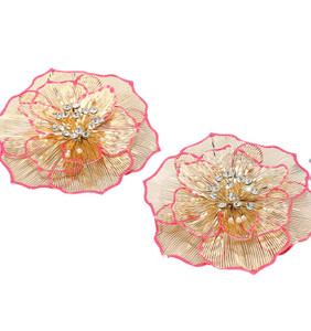 Enchanted Bloom Oversized Pearl Rhinestone Bud Metal Cutout Flower Earrings - Pink