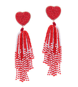 Heart Pop Seed Beaded Tassle Dangle Earrings - Red