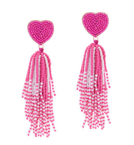 Heart Pop Seed Beaded Tassle Dangle Earrings - Pink