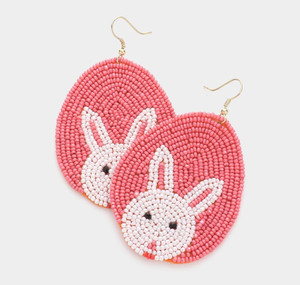 Eggstra Cute Seed Beaded Easter Bunny Accented Egg Earrings - Pink