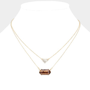 Sweet Love Heart Hexagon Pendant Double Layered Necklace - Brown
