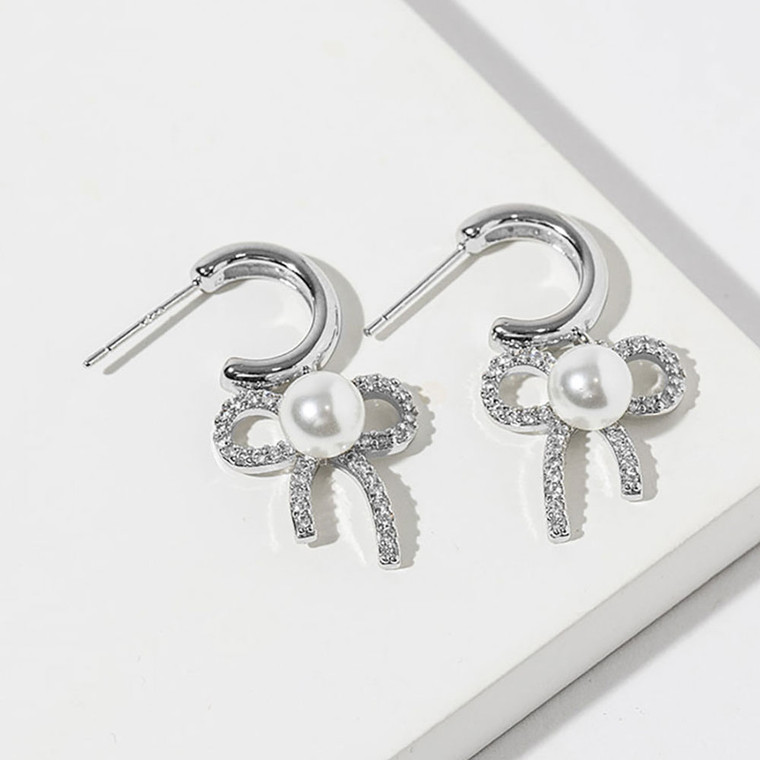 Delicate Love White Gold Dipped Pearl Center CZ Paved Bow Mini Hoop Earrings - Rhodium