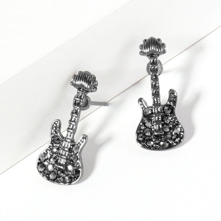 Radiant Rhythm Crystal Stone Paved Guitar Stud Earrings - Hematite