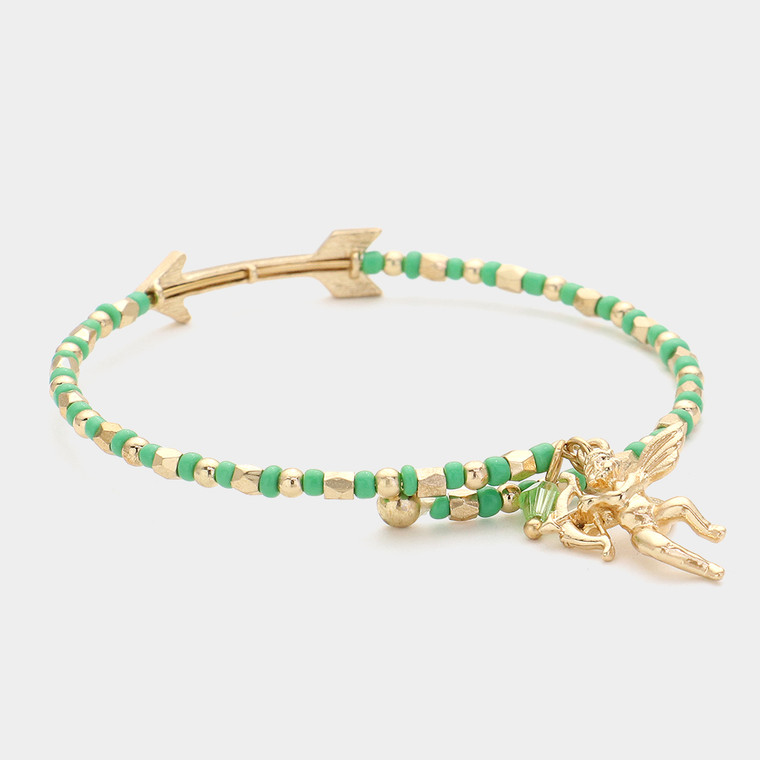 Heartstruck Stone Paved Arrow Pointed Cupid Charm Bracelet - Green