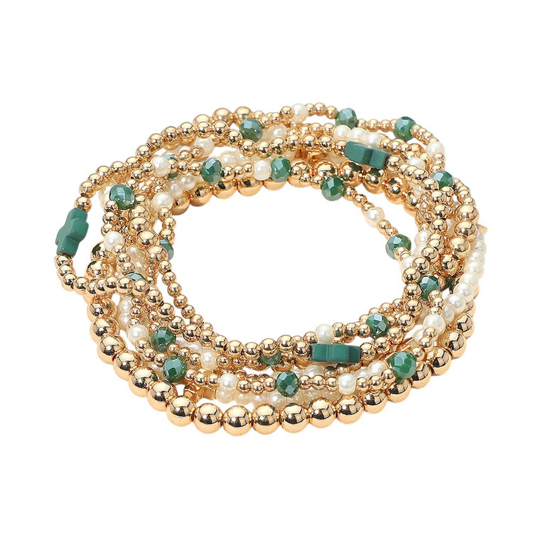 Modern Faith 7PCS Cross Pearl Metal Ball Beaded Stretch Multi Layered Bracelet - Green
