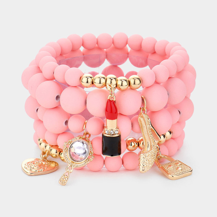 Style Charm 5PCS Flower Heart Hand Mirror Lipstick Stiletto Tote Bag Charm Stretch Bracelet - Pink