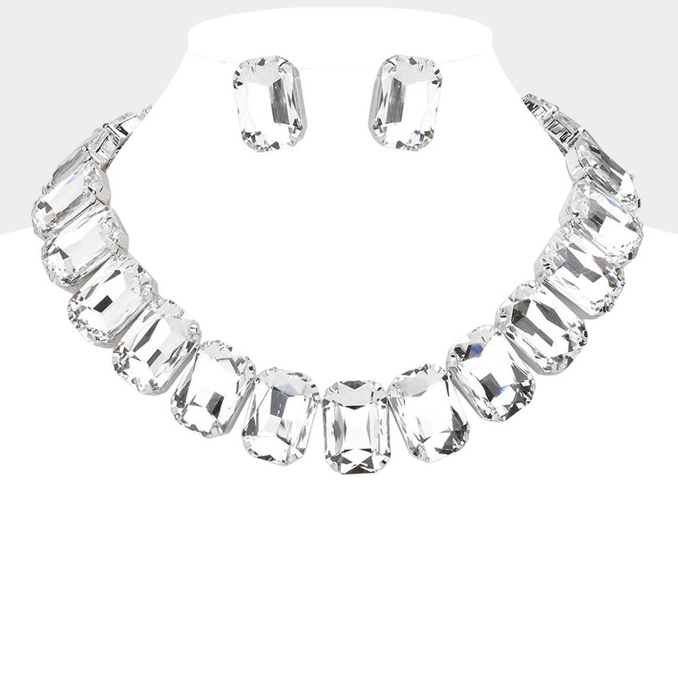 Glamour Glow Emerald Cut Stone Collar Evening Necklace - Rhodium