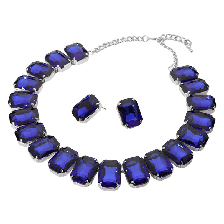 Glamour Glow Emerald Cut Stone Collar Evening Necklace - Royal Blue