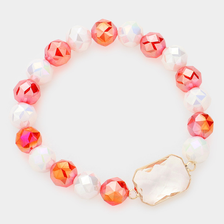 Prism Glow Lucite Accented Faceted Beaded Stretch Bracelet - Red
