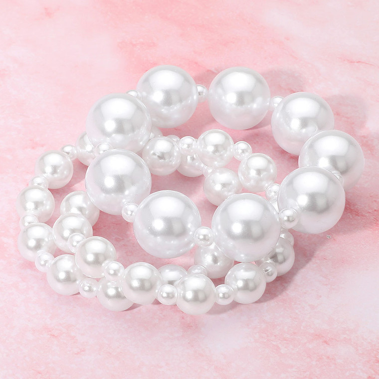 Simplicity Beauty 3PCS - Pearl Stretch Multi Layered Bracelets - White