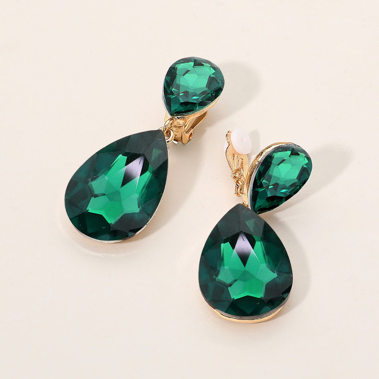 Luminous Cascade Glass Crystal Double Teardrop Clip On Evening Earrings - Emerald
