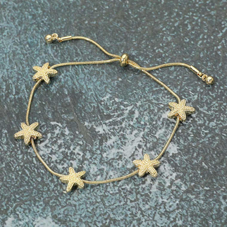 Tide Kiss Textured Metal Starfish Station Cinch Pull Tie Bracelet - Gold