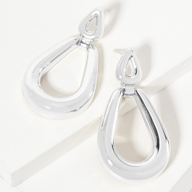 Contour Drop White Gold Dipped Open Teardrop Dangle Earrings - Rhodium