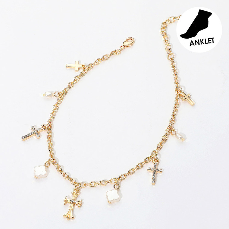 Blessed Pearl Cross Pearl Quatrefoil Charm Station Anklet - Gold