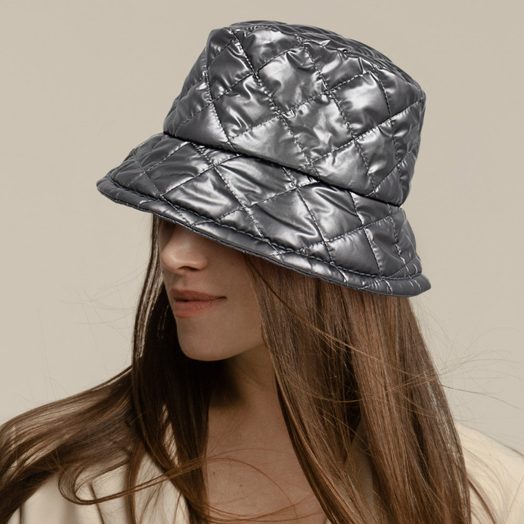 Gloss & Glam Shiny Quilted Bucket Hat  - Hematite