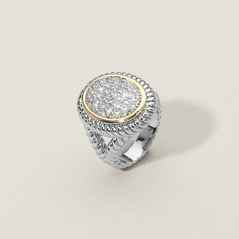 Textured Spark Two Tone CZ Stone Paved Round Statement Ring Size 6 - Two Tone
