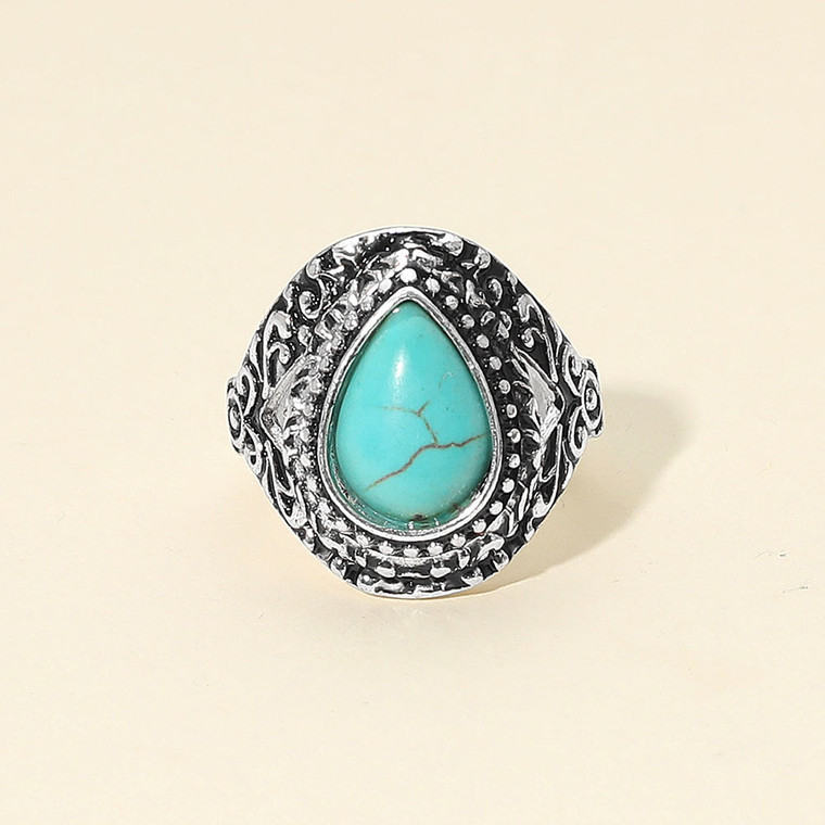 Majestic Mesa Western Vintage Intricate Detailing Teardrop Stone Statement Stretch Ring -  Turquoise
