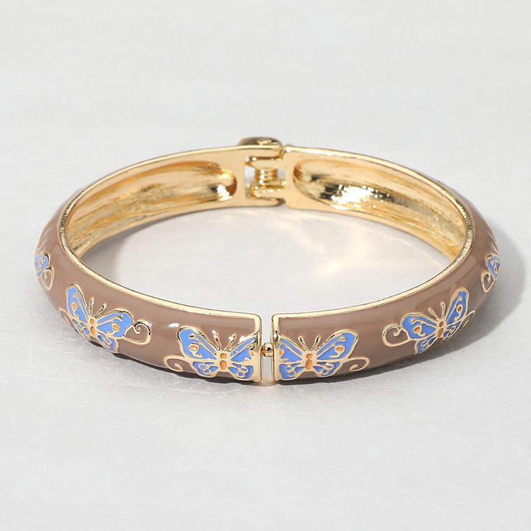 Flutter Grace Butterfly Enamel Hinged Bangle Bracelet - Brown