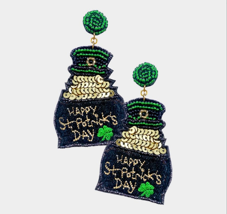 Happy St. Patrick's Day Felt Back Pot of Gold Shamrock Dangle Earrings - Black