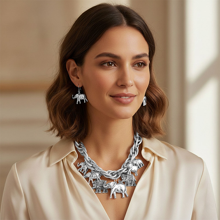 Safari Love Bold Elephant Charm Station Statement Necklace - Antique Silver