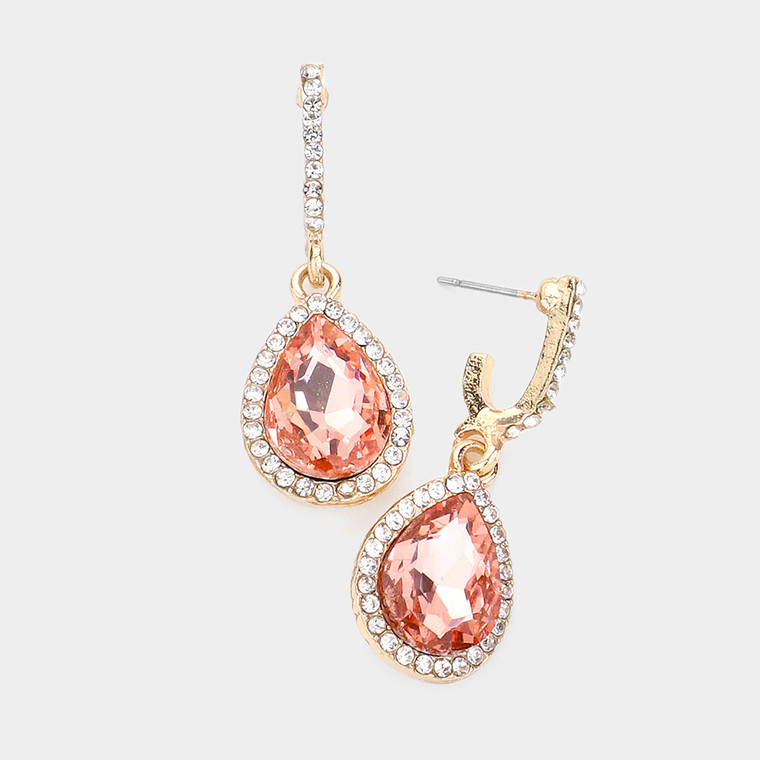 Glamour Glow Rhinestone Trimmed Teardrop Stone Dangle Evening Earrings - Peach