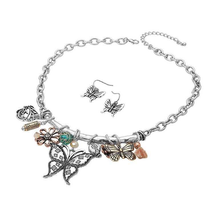Bohemian Bloom Boho Butterfly Floral Charm Statement Necklace - Three Tone