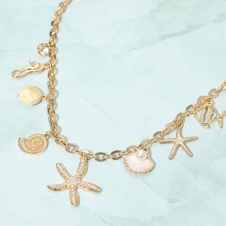 Coastal Keepsakes Starfish Seahorse Pearl Seashell Charm Station Necklace - Gold