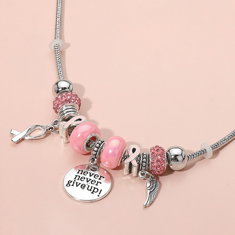 "Never Never Give Up" Disc Wing Pink Ribbon Charm Multi Beaded Necklace- Pink