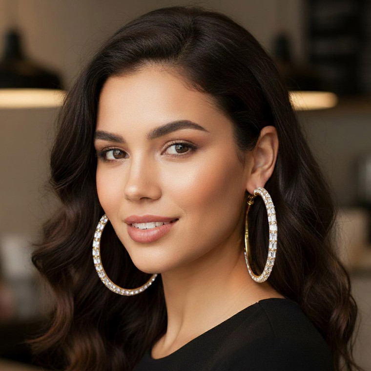 Dazzle Queen Oversized Baguette Rhinestone Embellished Hoop Earrings - Gold