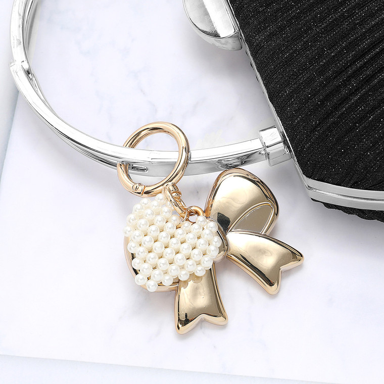 Sweet Style Metal Bow Pearl Beaded Heart Keychain / Bag Charm - Cream