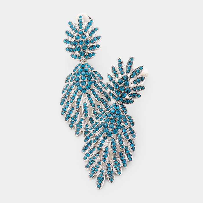 Enchanted Elegance Feather Pave Clip on Earrings - Blue Zircon