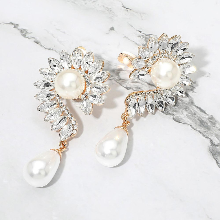 Grand Gala Pearl Accent Marquise Stone Cluster Around Evening Clip On Earrings - Gold