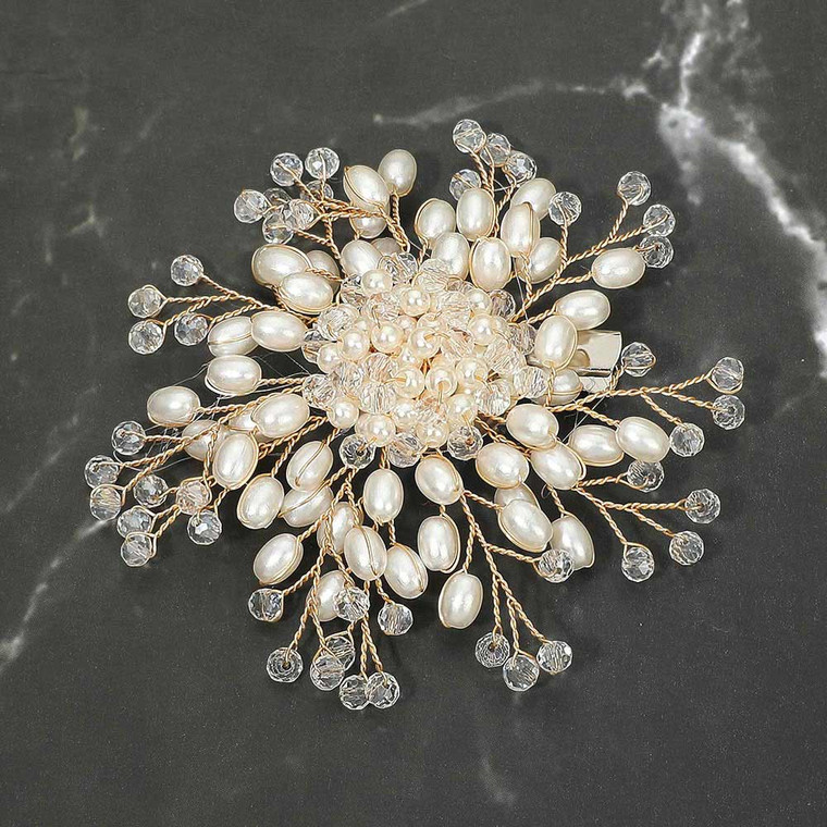 Elegant Bloom Pearl Faceted Bead Burst Floral Pin Brooch or Alligator Snap Hair Clip - Cream