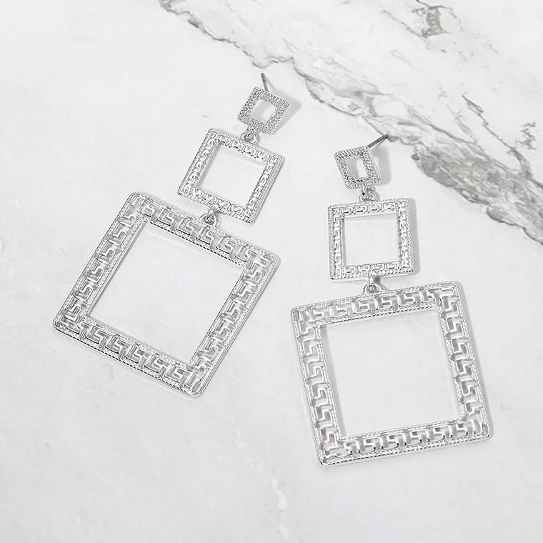 Daring Drop Bold Geometric Triple Square Link Drop Statement Earrings - Rhodium