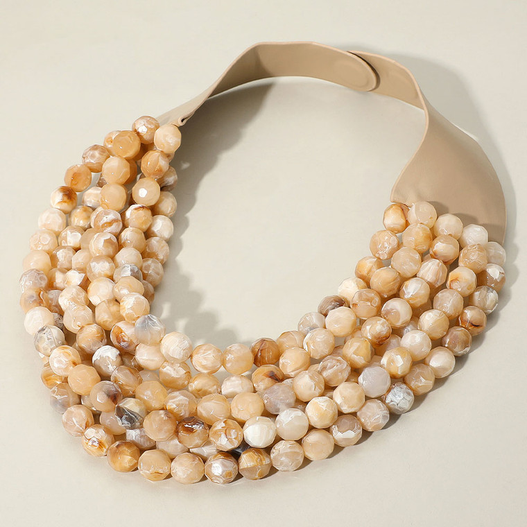 Stone Swirl Marbled Faceted Ball Beaded Multi Layered Faux Leather Magnetic Necklace - Beige