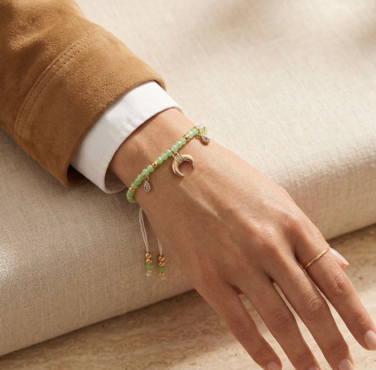 Cresent Duo Double Horn Charm Beaded Adjustable Cinch Pull Tie Bracelet- Mint