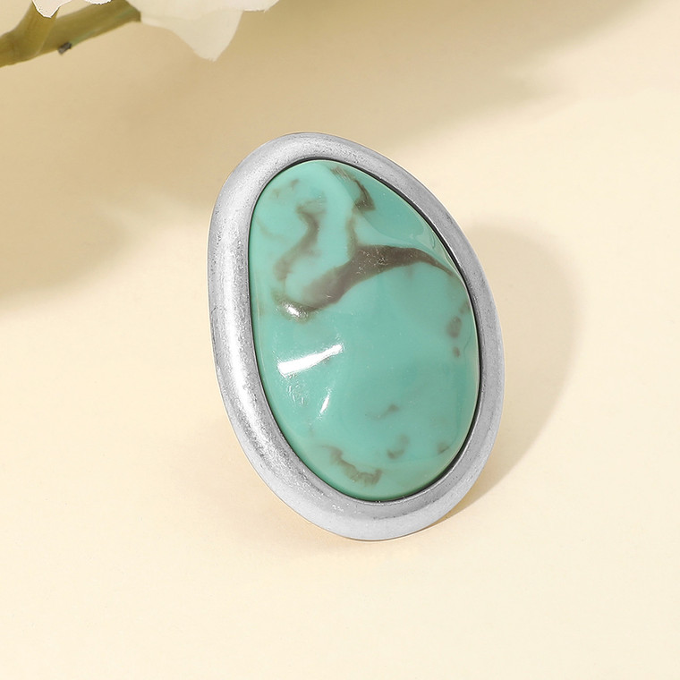 Earthbound Oasis Oversized Organic Oval Statement Stretch Ring - Rhodium/Turquoise