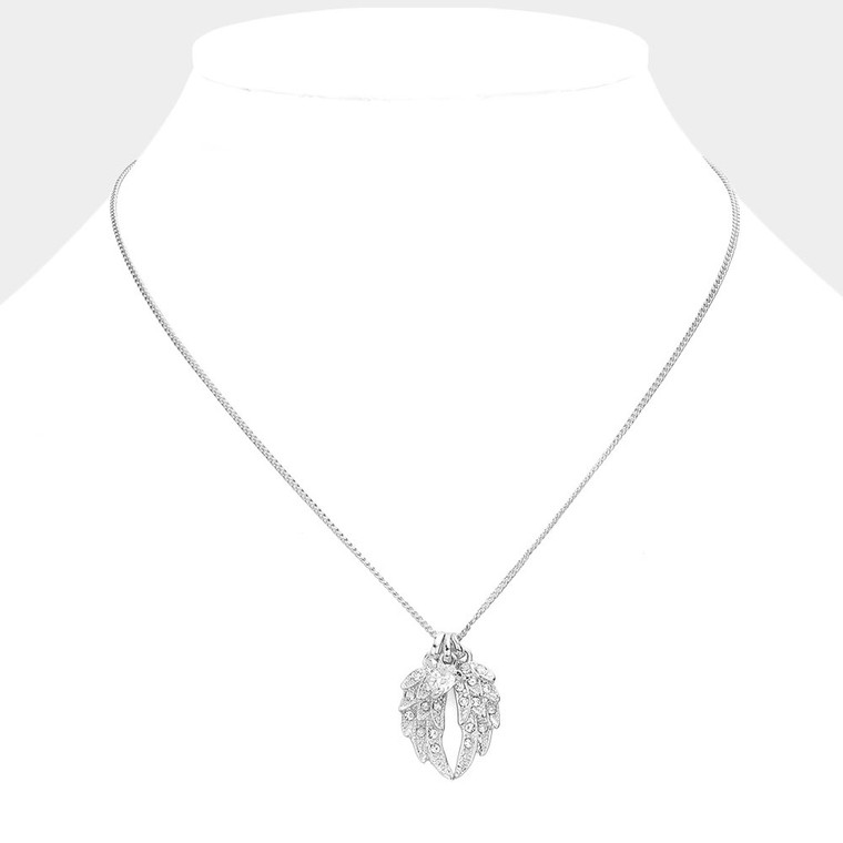 Shimmering Spirit Crystal Wing Heart Bead Pendant Necklace - Rhodium