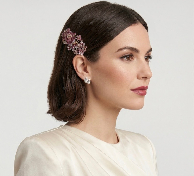 Radiant Petal Floral Stone Pave Barrette - Purple